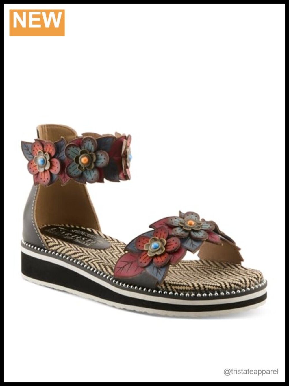 L'Artiste CRUZER Hand-Painted Leather Wedge Sandal Adjustable Ankle Strap